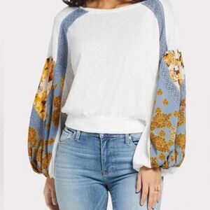 Free People casual clash Thermal Balloon Sleeve Boho Top Size X small